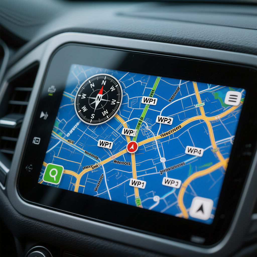 GPS navigation display showing waypoint route on LCD screen