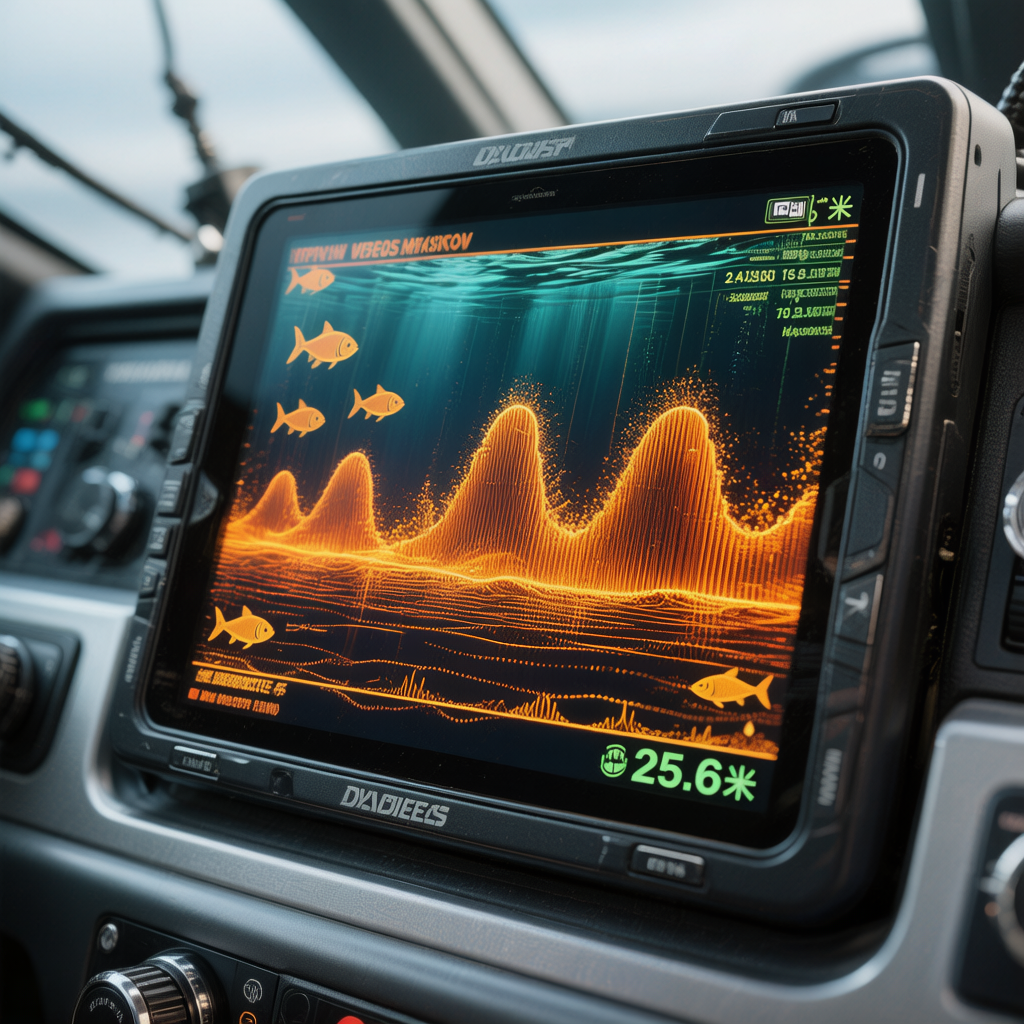 Fish finder sonar screen showing underwater detection for RC bait boat